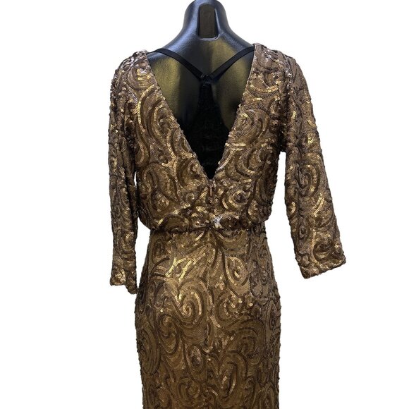 Badgley Mischka Collection Women's Sequin Gown Size 8 Bronze Long-Sleeve V-Back - Picture 7 of 10
